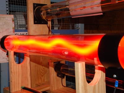 A new Bill Cheb SSQ-BAT plasma tube during inital testing.  When a new tube is first turned on, it often exhibits interesting moving patterns of glowing gas in the discharge column.